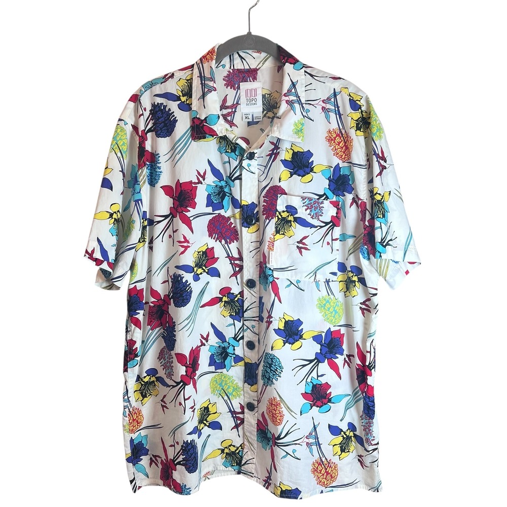 Topo Designs Mens XL Floral Organic Cotton Short Sleeve Button Down Shirt White